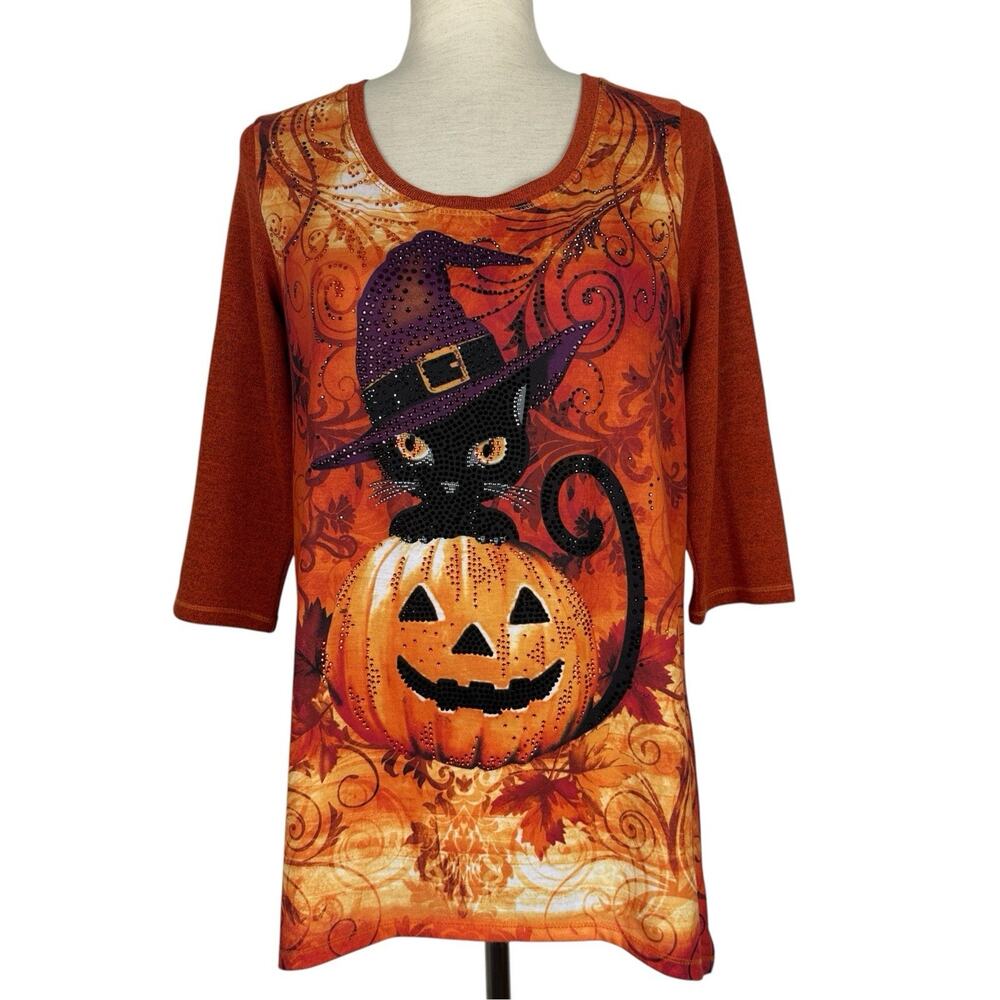 Onque Casual Halloween Top Small Witchy Cat Pumpkin Sparkle Bling Embellishment